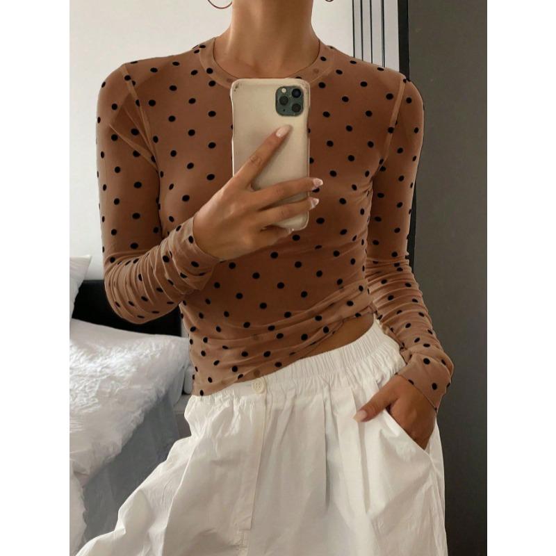 Fashion Long Sleeve Polka Dots Women Blouse Slim Fit Elegant Sweet Shirts Ladies Spring Autumn Thin Short Tops Basic Office O Neck Casual T-shirt