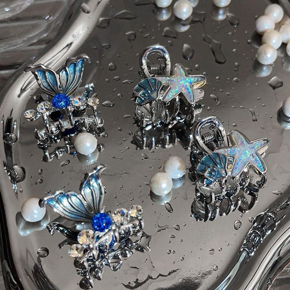 

Прохладный бриллиант в корейском стиле с геометрией Синяя морская звезда Серебристый Y2k Рыбий хвост Жемчужная заколка для волос Сплав Звезда