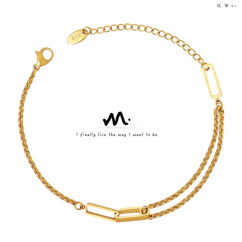 Christmas Geometric Double-Layer Chain Bracelet: Women's 18K Gold-Plated Titanium Steel Rectangular Openwork Design (E179)