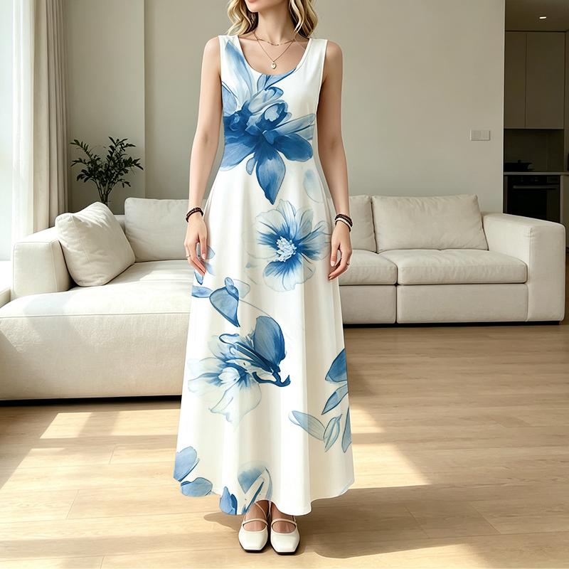 Women's Sleeveless A-Line Maxi Dress,Lightweight Fresh Blue & White Print Beach Vacation Dress,Summer Casual Fashion