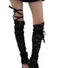 Women Aesthetic Lace Thigh High Leg Warmers with Tie Bandage Japanese Ribbon Strappy Footless Long Socks Leg Covers