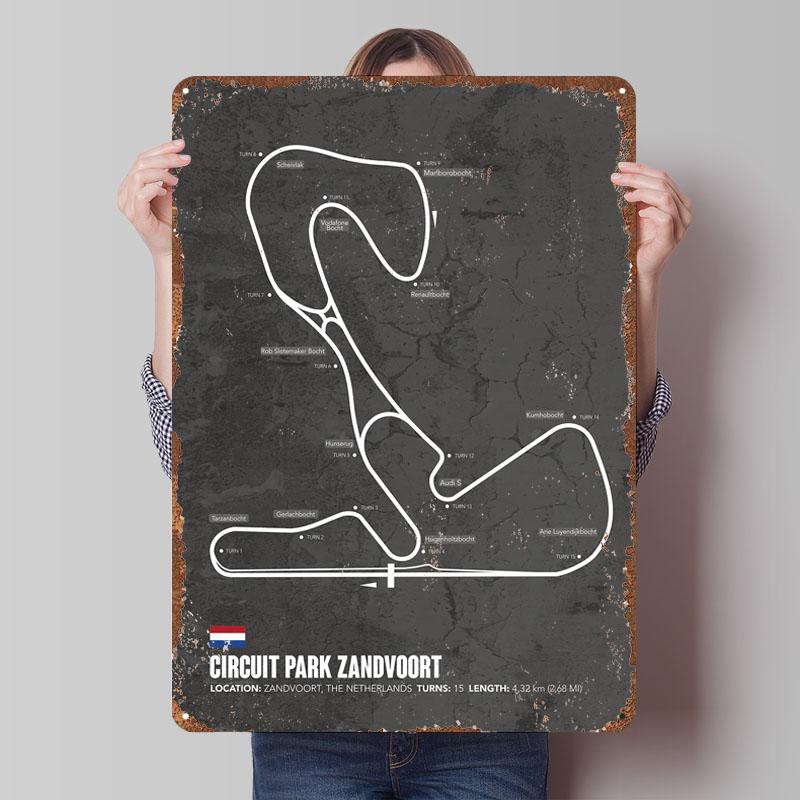 Постер Circuit Park Zandvoort Гоночные трассы Металлическая табличка Пещера мужчины Настраиваемый Трассы F1 Таблички для украшения дома комнаты Ретро 20x30cm（7.8x11.8inch）