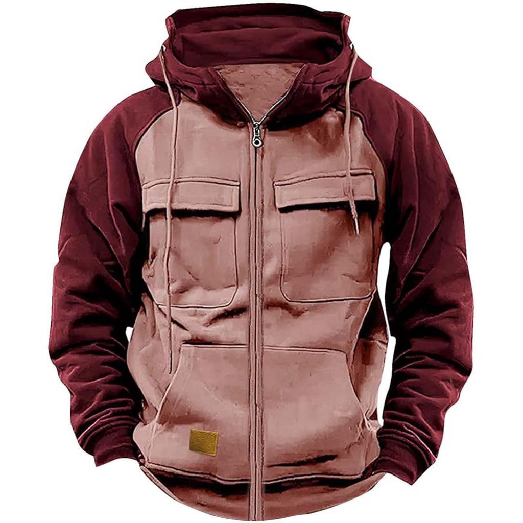 Men's Hooded Multi-Pocket Patchwork Sweatshirt - European & American Style, Spring/Autumn, Solid Color, Youth Sport Workwear