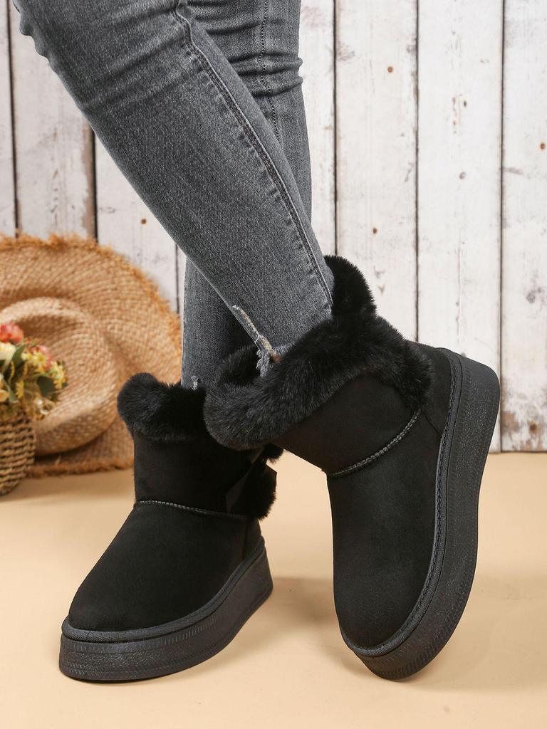 Damen Übergröße Pelzige Winterstiefel: 2025 Lässige Baumwolle aus einem Stück mit dicker Sohle und Schmetterlingsdetail
