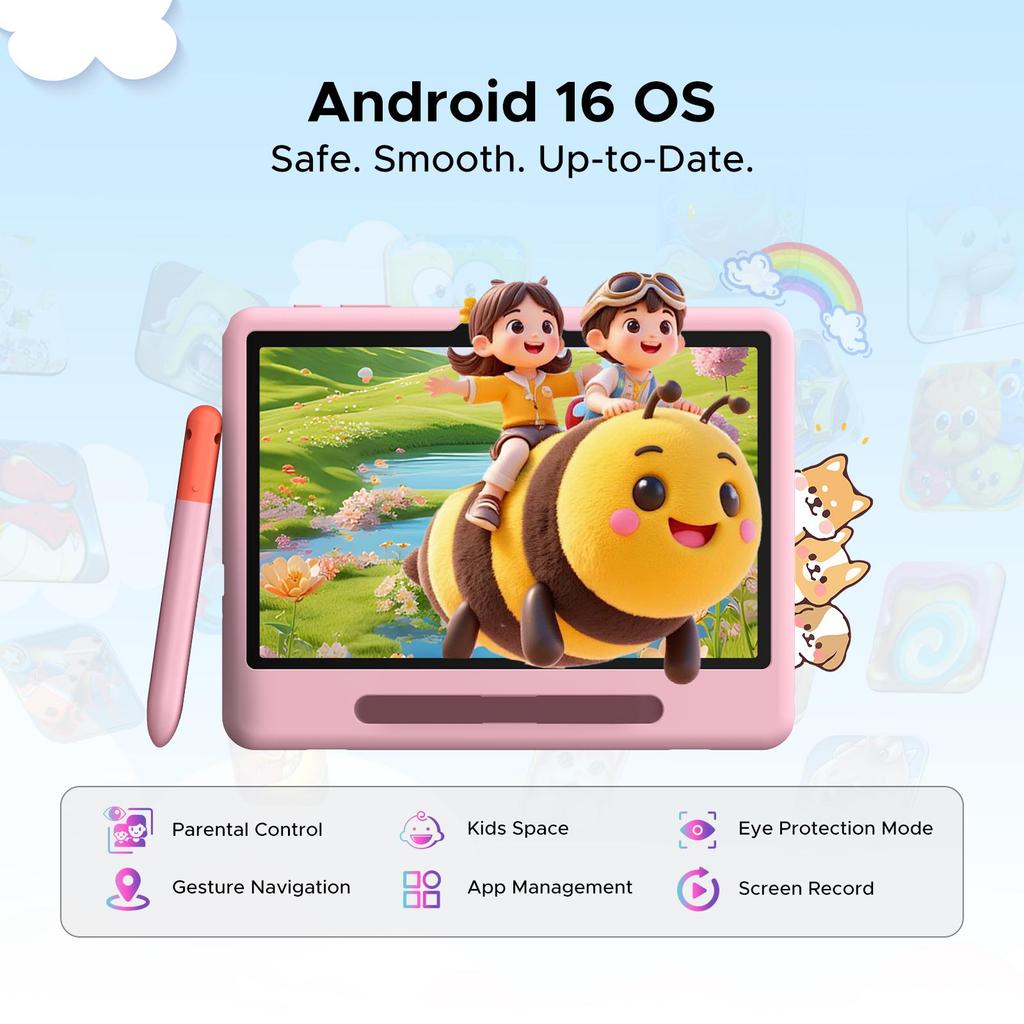 Tabletă POCKAM P10 pentru Copii, 32GB + 64GB, 90Hz Android 16 cu Gemini AI, 10.1 inch, 7000mAh, WIFI 5G, Tabletă cu Stilou Stylus, Carcasă din Silicon