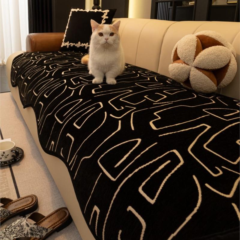 Summer Chenille Black White Sofa Cushion Covers Non-Slip All-Season Irregular Straight Fit Elegant Home Decor Slip-Resistant