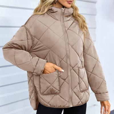Fashion Women Hooded Puffer Coat Winter Oversized Diamond-Quilted Coat with Side Vents