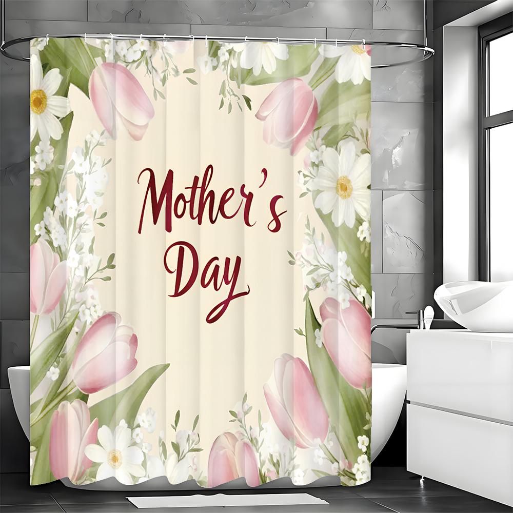 Happy Mother's Day Pink Tulip White Flower Shower Curtain, Bathroom Decorative Shower Curtain, Waterproof Shower Curtain with Ho