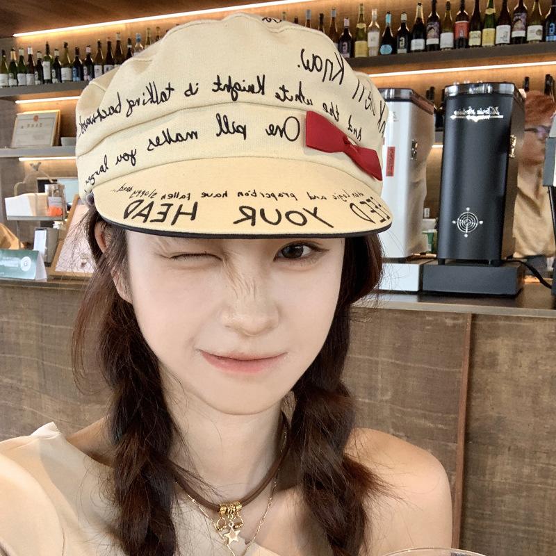 

Весенне-осенняя кепка-берет с плоским верхом, с принтом букв-дудлов, однотонная, с бантом, солнцезащитная шляпа, модная, женская, универсальная, повседневная