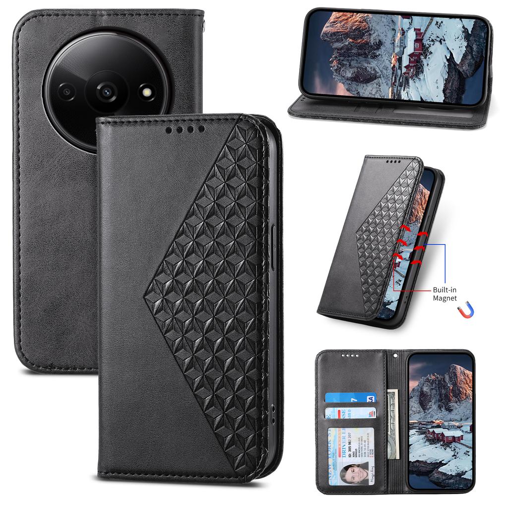 For Xiaomi Redmi A3/Poco C61 4G Case PU Leather+TPU Rhombus Imprinted Phone Cover Wallet
