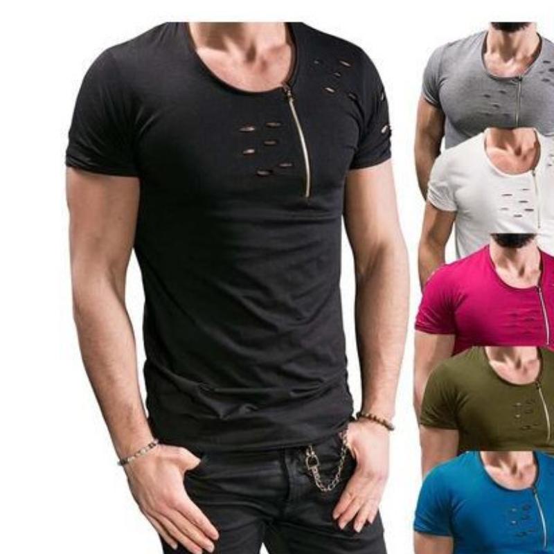 

Мужская повседневная мода с короткими рукавами Циппер Декоративная футболка Sweatshirt