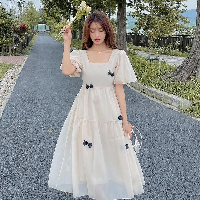 

Women s French Puff Sleeve Long Dress Bow Decor Ruffle Hem Maxi Dress XXL абрикосовий