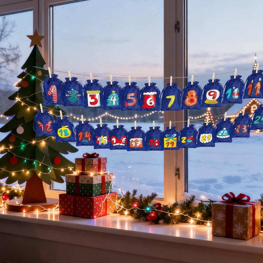 Weihnachts-Countdown-Taschen Weihnachtsdeko 24-Tage Füllbare Leere Kordelzugtaschen Mit Nummern Für Hochzeit Feiertag Geburtstag