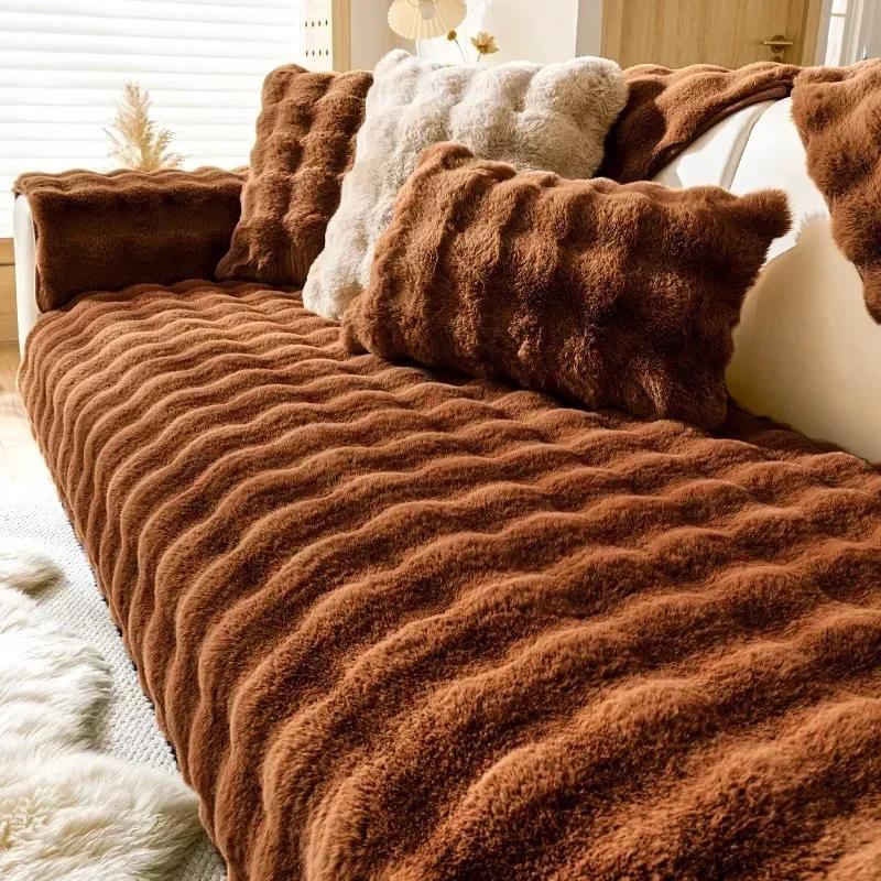 Winter Warm Plush Sofa Cushion Rabbit Plush Smooth Sofa Covers Thicken Anti-slip Universal Couch Slipcovers for Living Room