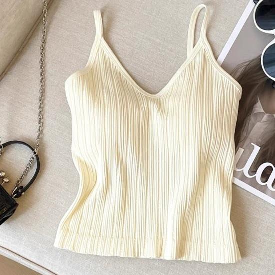 V Neck Tank Top for Women Double Lined Ribbed Sleeveless Basic Shirts with Built-in Bra Summer Padded Going Out Tops
