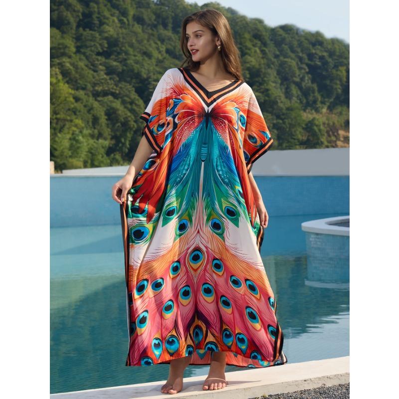 Vestidos Casuales de Moda para Mujer Verano Primavera Estampado Color Block Mangas 1/2 Cuello en V Cintura Holgada