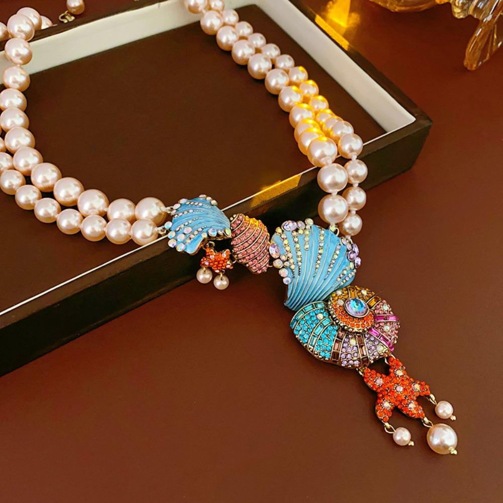 Double-layer Pearl Beaded Necklace Exaggerated Beach Style Jewelry Shell Conch Earrings  Women