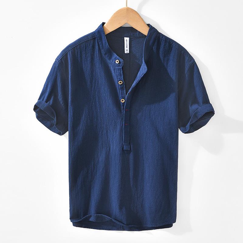 

Chinese Retro Style Summer Tshirts for Men Breathable Beach Cotton Linen Short Sleeve T-Shirt Daily Casual Solid Color Stand Collar Pullover Top XXXL королівський синій колір