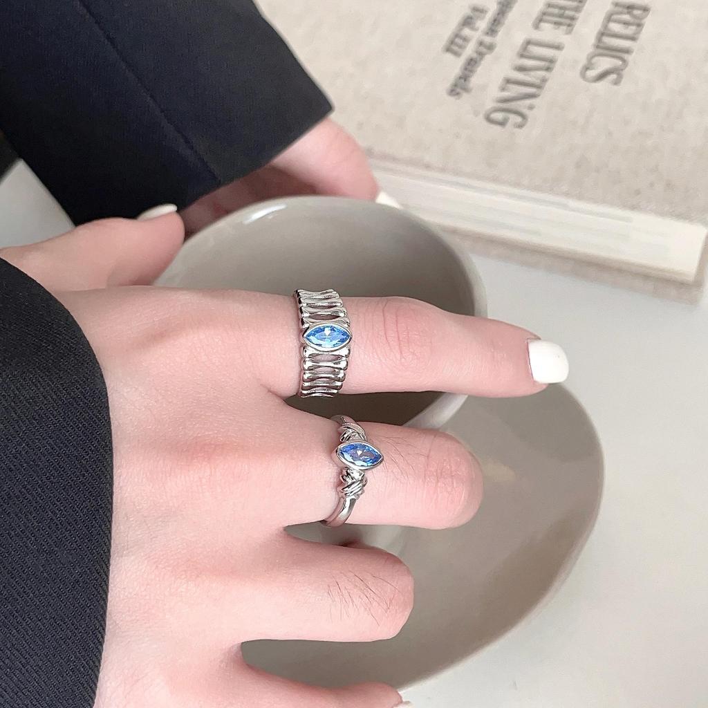 Korean Style Blue Pupil 925 Sterling Silver Ring with Irregular Texture - Women's High-End Fashionable Jewelry Trend 2026.