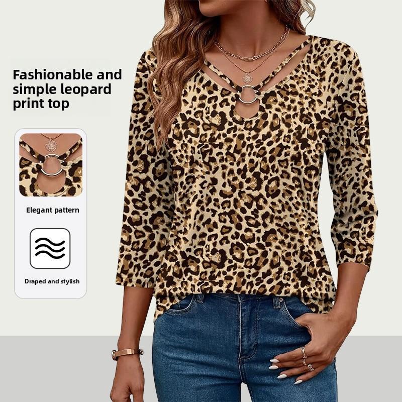 Spring new fashion simple leopard print top casual trendy three-quarter sleeve T-shirt