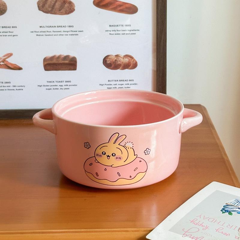 High-value Cute Tableware Ceramic Instant Noodle Bowl with Lid Children's Rice Bowl Student Dormitory Instant Noodle Bowl Binaural Soup Bowl