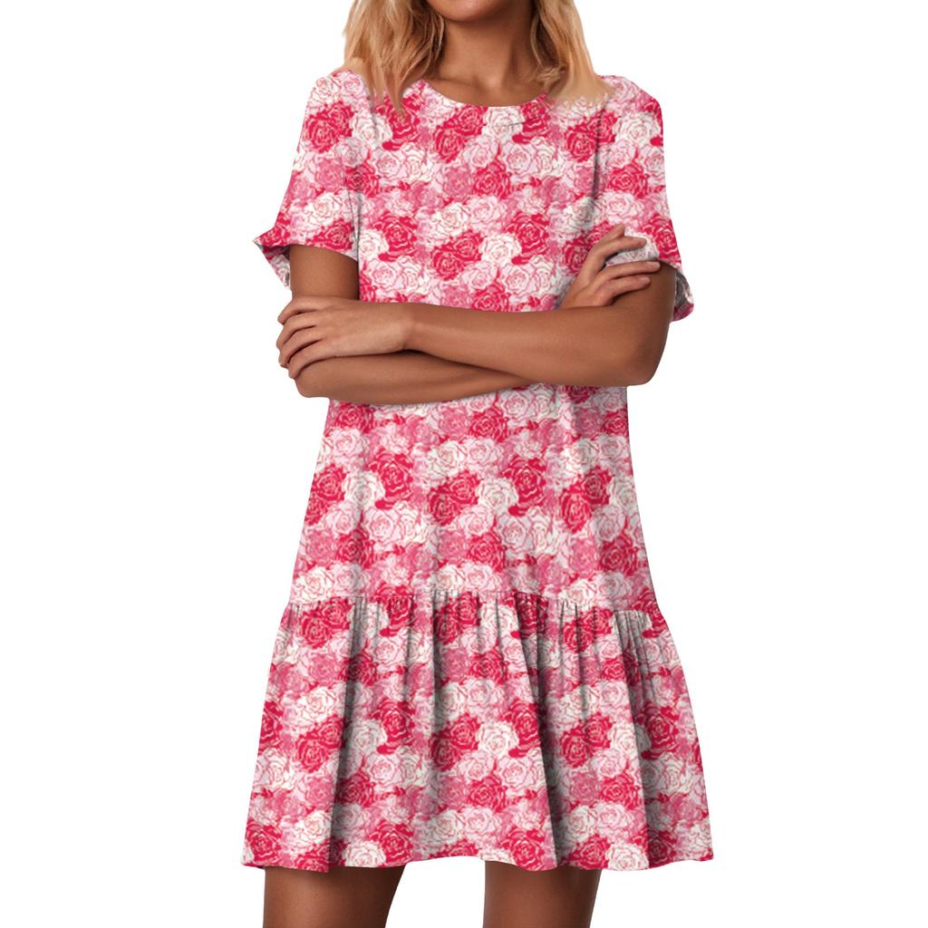 Damska Moda Casual Okrągły Dekolt Krótki Rękaw Falbanki Sukienki w Stylu Vintage z Nadrukiem