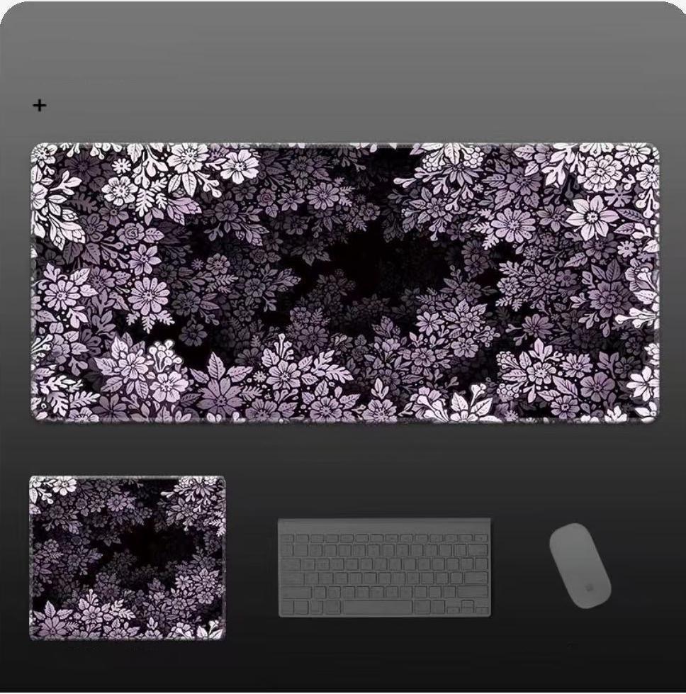 Black Purple Floral Pattern Large Mouse Pad Beautiful AntiSlip Waterproof Desk Mat Suitable For Office Daily Use