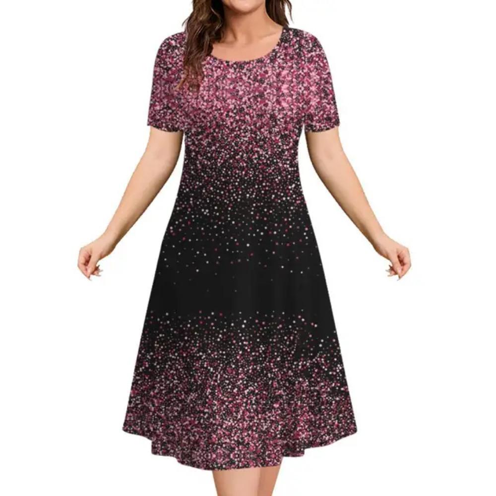 Fashionable and elegant women's dress short sleeved O-neck casual vacation party dress 3D printed A-line dress