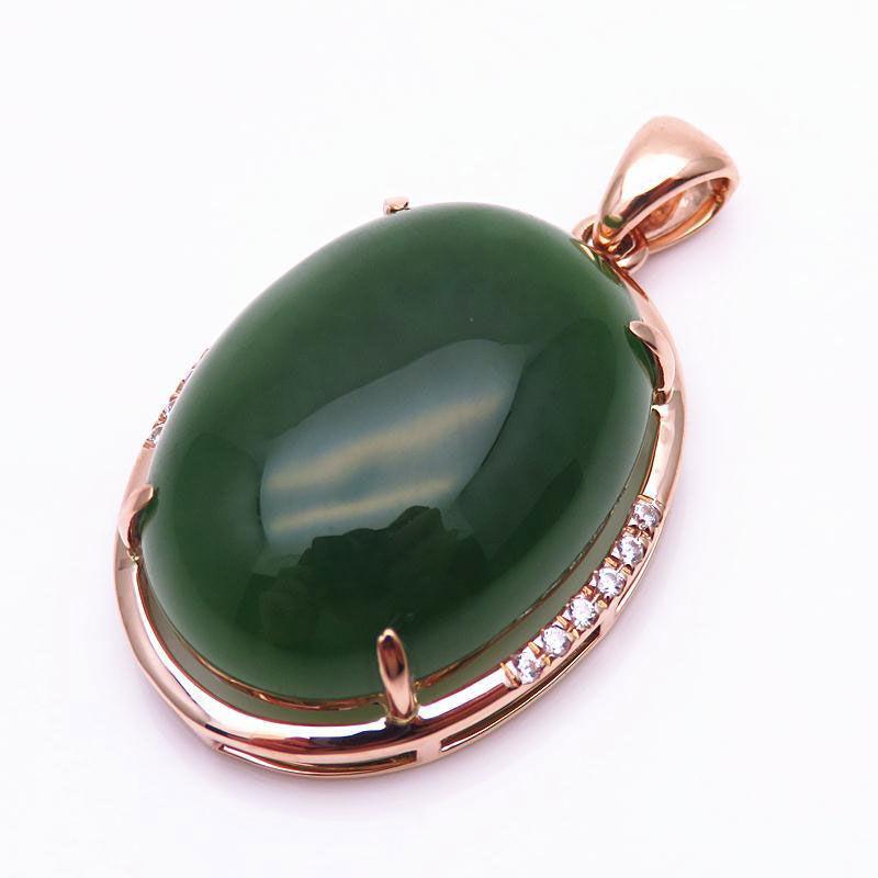 Exquisite Russian Purple Gold Inlaid Oval Egg Surface Greenstone Pendant Luxury High-End Rose Gold Plated Colored Gold Necklace