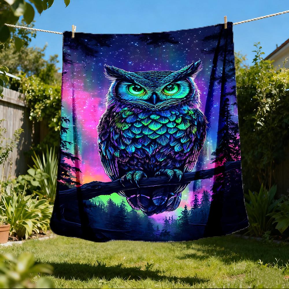 1pc Neon Owl Art Print Outdoor Blanket - Lightweight Flannel Throw For Travel, Camping, Livingroom, Couch, Chair Yy251114206