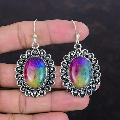 Rainbow Solar Quartz Druzy Earrings Genuine Gemstone Handmade Jewelry 925 Sterling Silver Earrings Very Pretty Dangle Earring Gifts For Wife