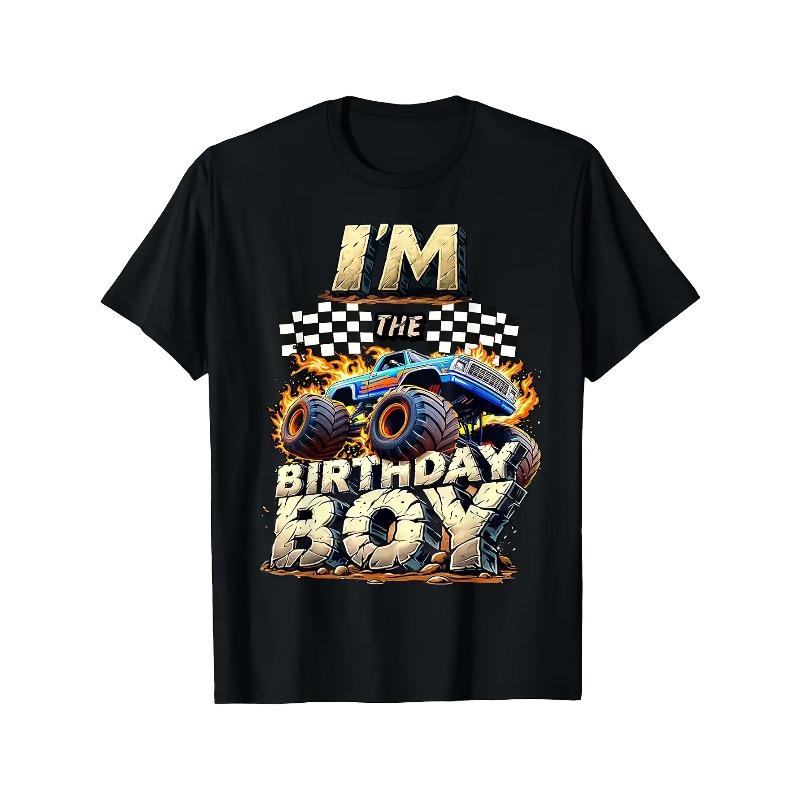 

European sizes Children Monster Truck Birthday Party Outfit - I m The Birthday Graphic T-Shirt with Checkered Flag & Truck Design Short Sleeve 98cm чёрный