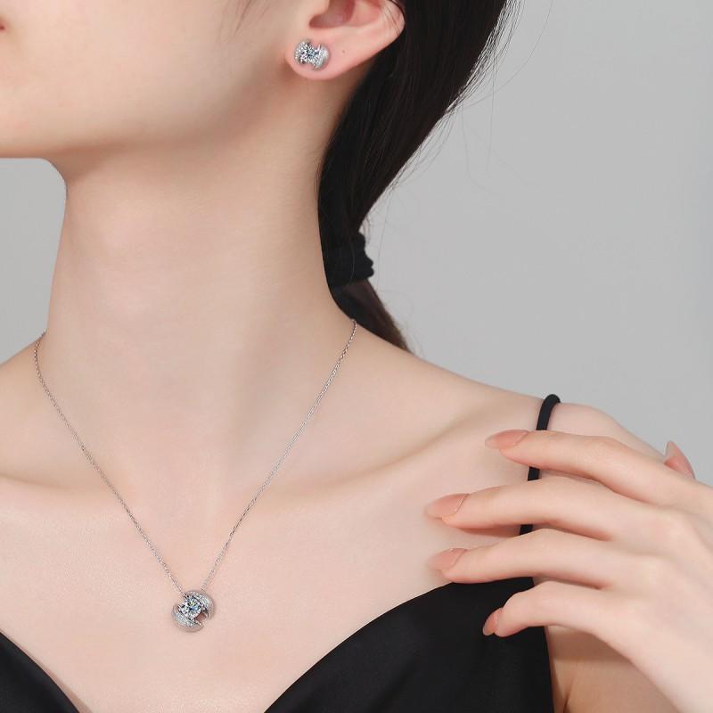 Sterling Geometric Pendant Necklace Stud Earrings Set With Moissanite Zirconia Brushed Finish Minimalist Chic