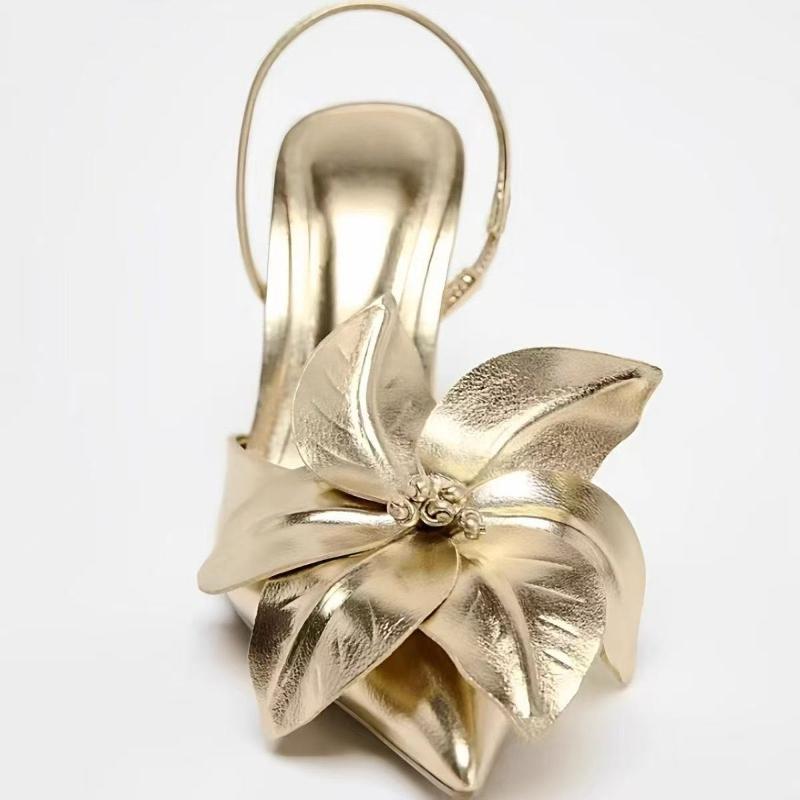 Luxury Gold Flowers Decorated Designer Heels for Women Elegant Pointed Toe Slingback Stiletto Sandals Fashion Party Dress Shoes