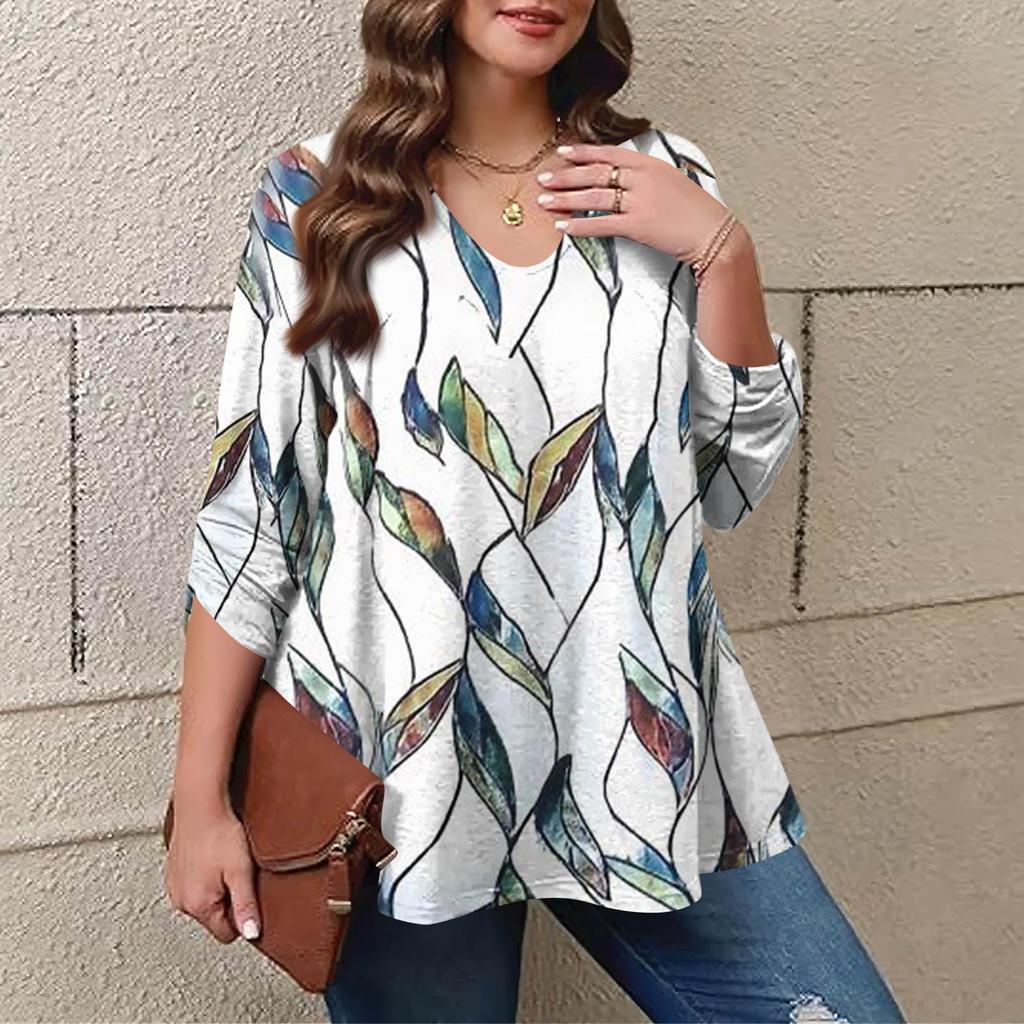 Women's Plus Size Fashion Printed Casual Pleated Round Neck Long Sleeve Top
