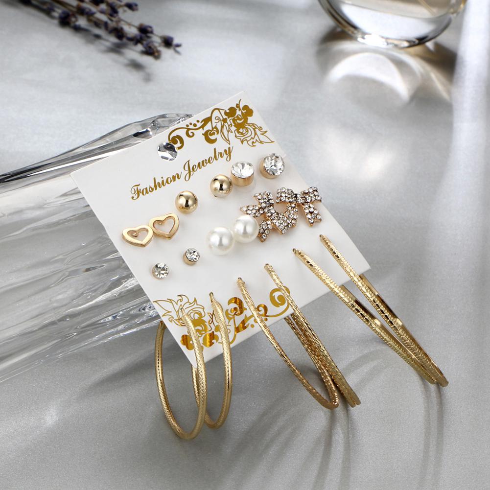9 Pairs Women Fashion Bowknot Love Shape Big Circle Earrings Set