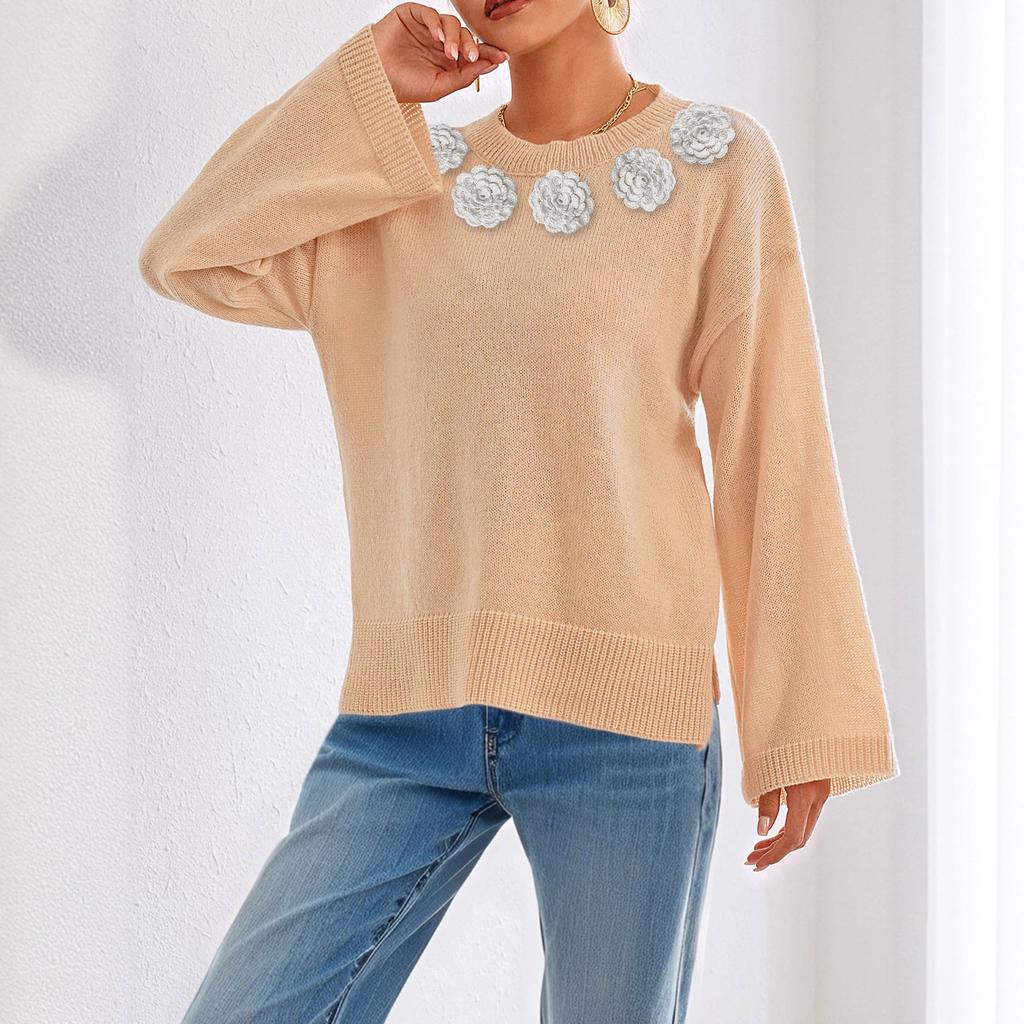 Handgehäkeltes Patchwork mit Blumen, Herbst- und Winter-Loose, Bequemes und Lässiges Langarm-Oberteil in Unifarbe, Rundhals-Pullover für Damen
