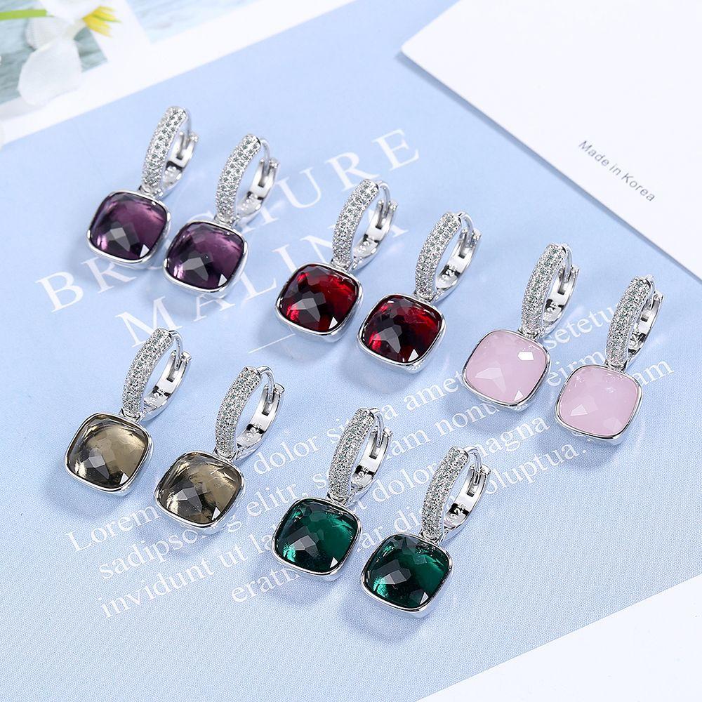 2026 Full Diamond Geometric Square Earrings, Women's Simple Pink Purple Diamond Light Luxury Temperament, High-end Zircon Earrings