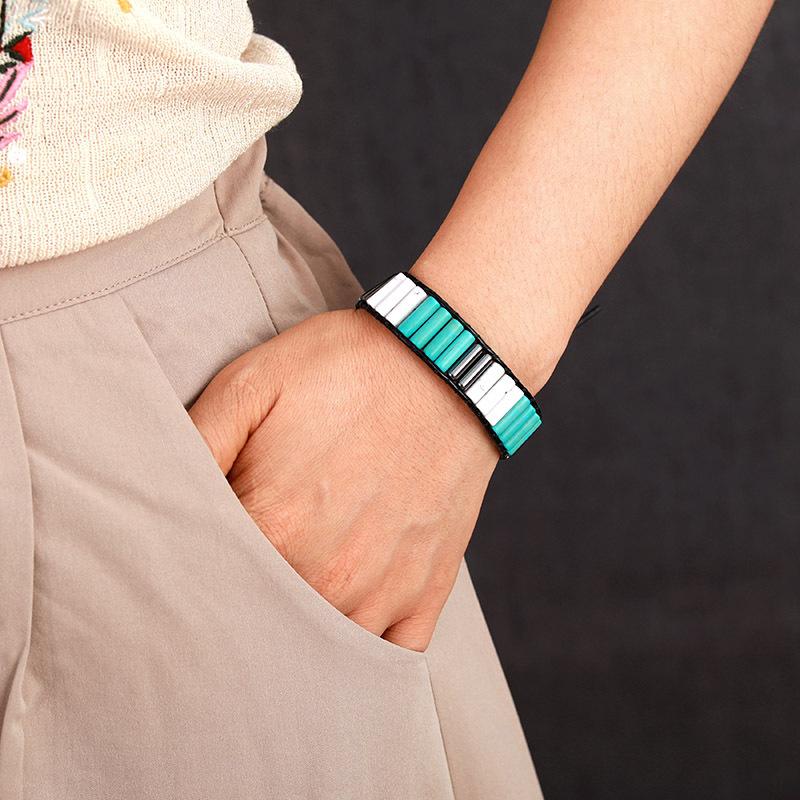 New Natural Stone Turquoise Leather Hand-woven Bracelet European and American Winding Men's and Women's Bracelets