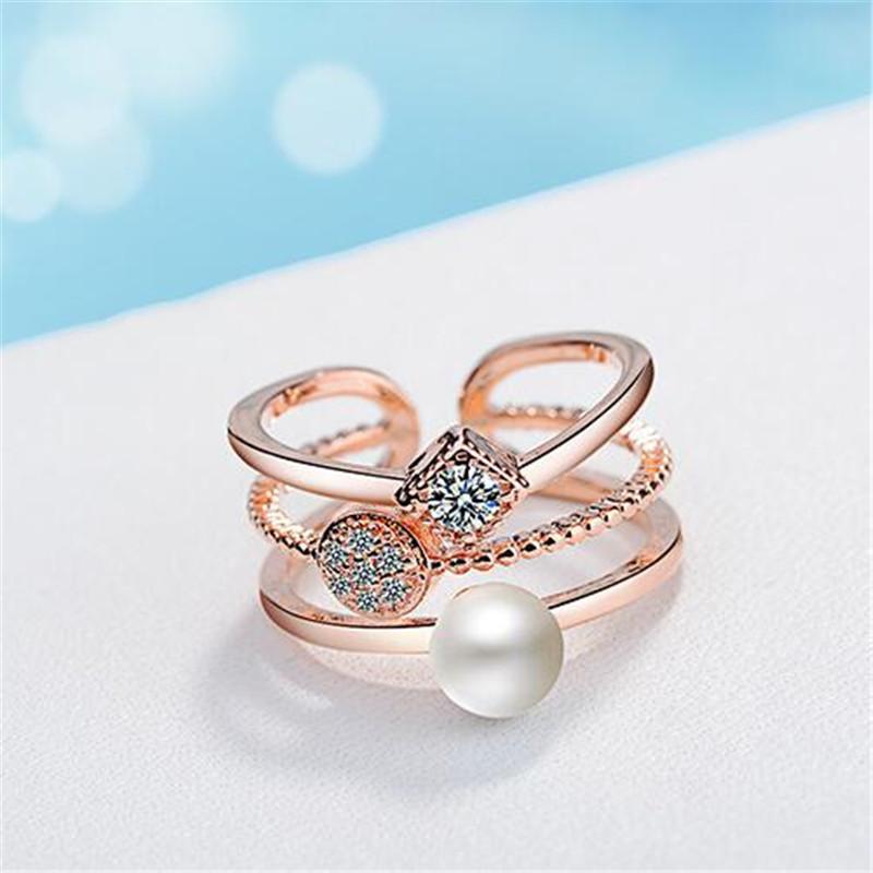 

925 Sterling Silver Rings For Women Trendy Multi-layer Pearl Mosaic Cz Zirconia Resizable Rings resizable ярко-розовый