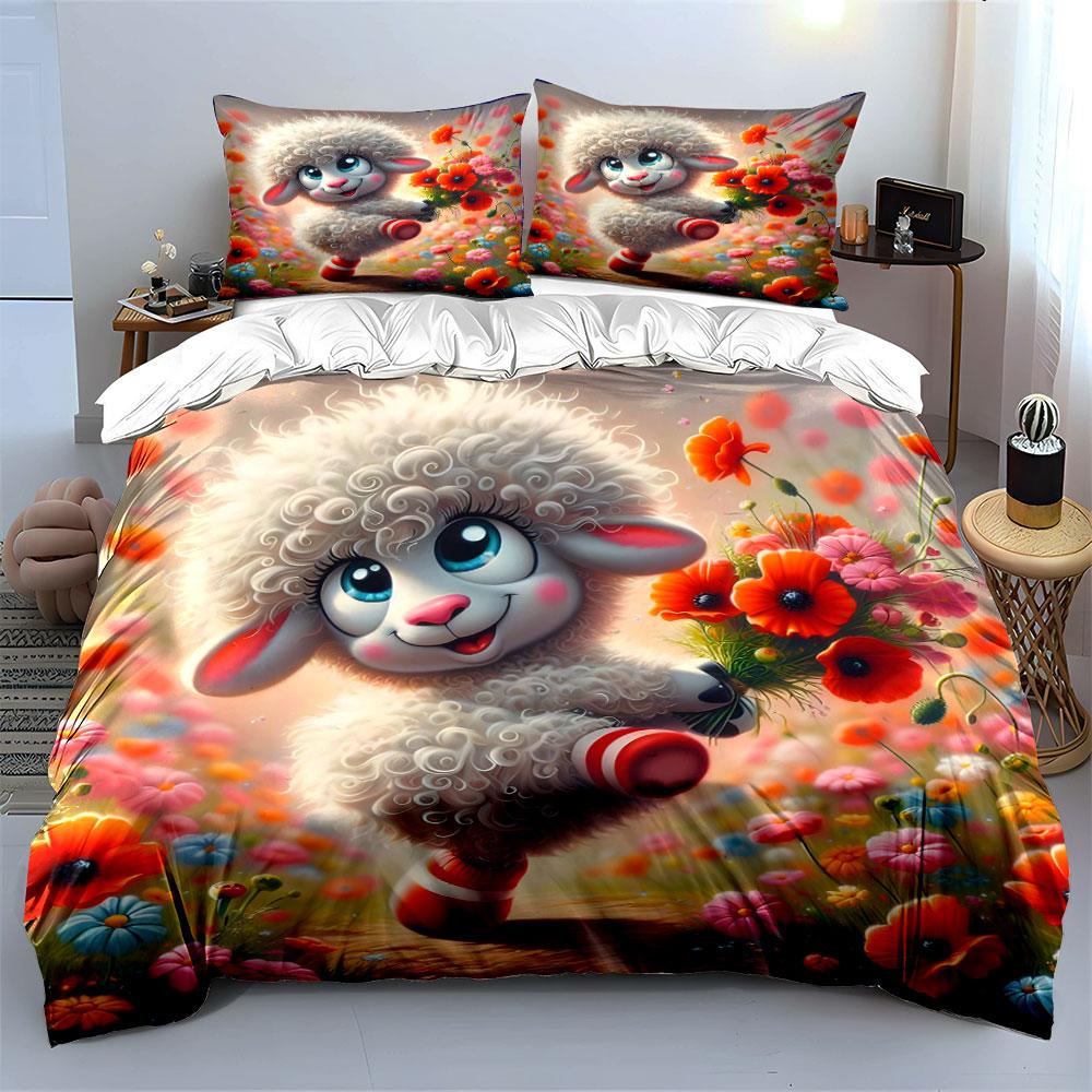 Multiple sizes Cute lamb with flowers Print Bedding Set 1 Duvet Cover 2 Pillowcases for Adult and Children Luxury Gift Full Size