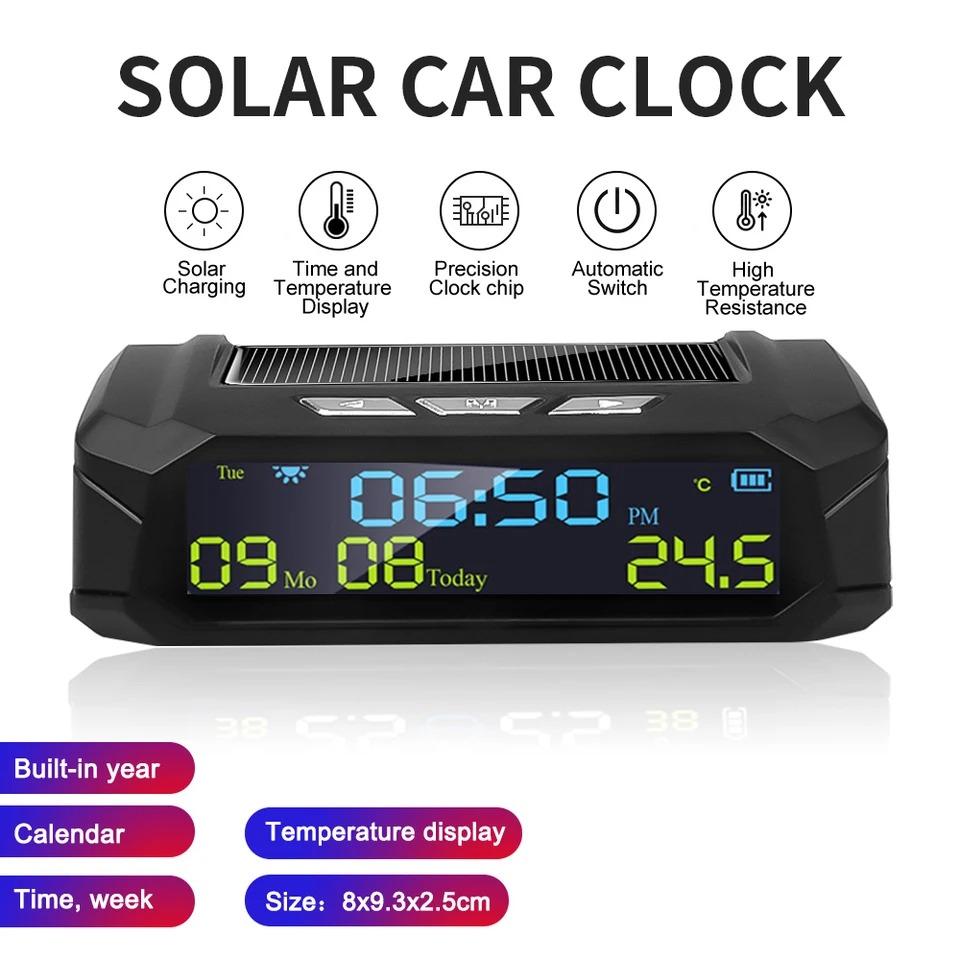 Solar Car Clock with LCD Time Date In-Car Temperature Display Digital Clock for Car Decoration