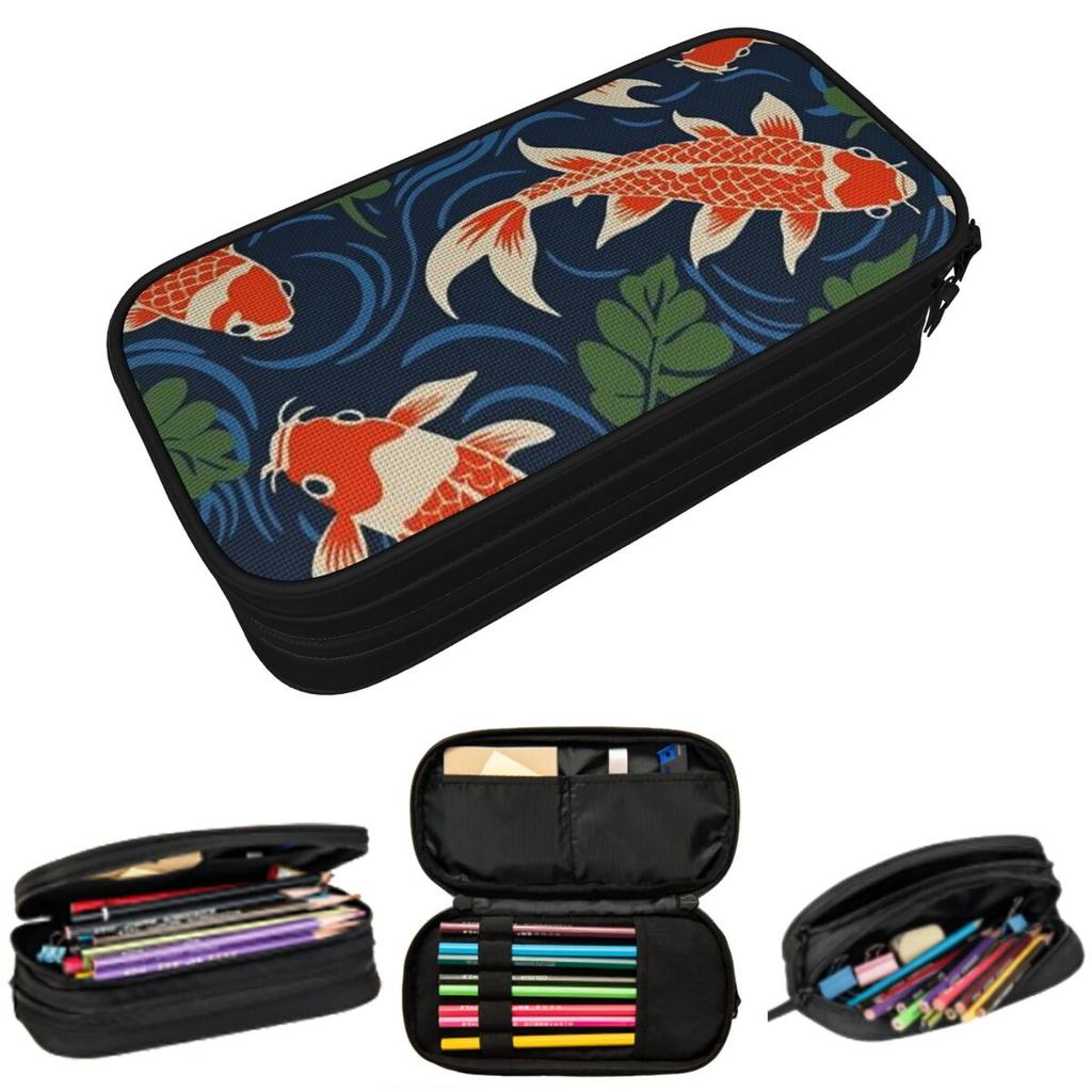 Koi Fish Swimming Pattern Pencil Case for Students School Pen Box Pencil Bag Stationery Supplies Pen Holder Bag