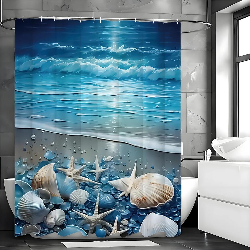 Noční oceán pláž hvězdice mušle sprchový závěs, koupelnový dekorativní sprchový závěs, vodotěsný sprchový závěs s háčky