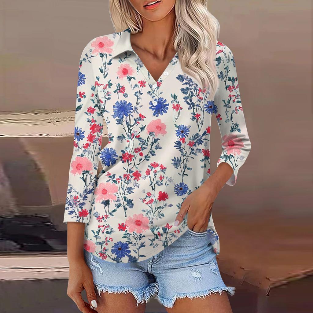 Women's Fashion Casual Lapel 3/4 Sleeve Print Shirt Women's Button Up Tops