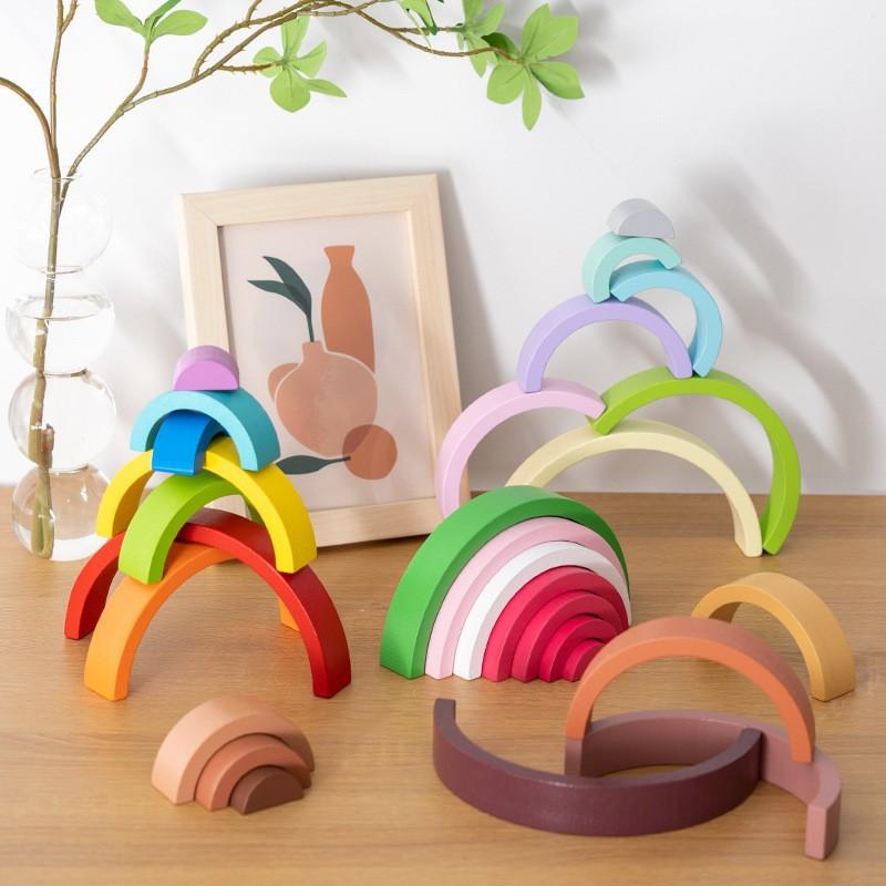 Children's Rainbow Arch Bridge Semicircular Building Block Wooden Rainbow Ornament Curved Plate Colorful Shape Rainbow People Stacked Music Toy