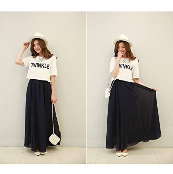 Syvent Schwarzer Langer Chiffon-Maxirock mit gefüttertem Gummibund für Damen, Frühling und Sommer