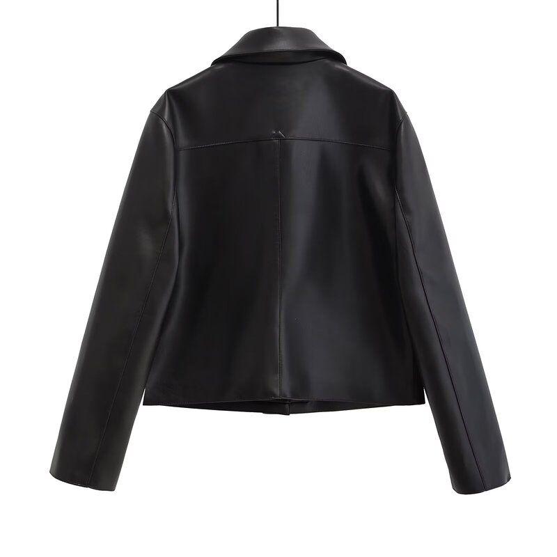Fashion Style 2024 Autumn New Arrival Women's Elegant Black Leather Lapel Short Leather Jacket 04703813800