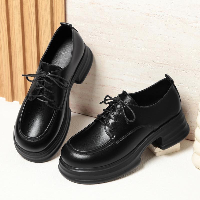 British loafers women's new spring single shoes platform work shoes thick heel lace-up small leather shoes