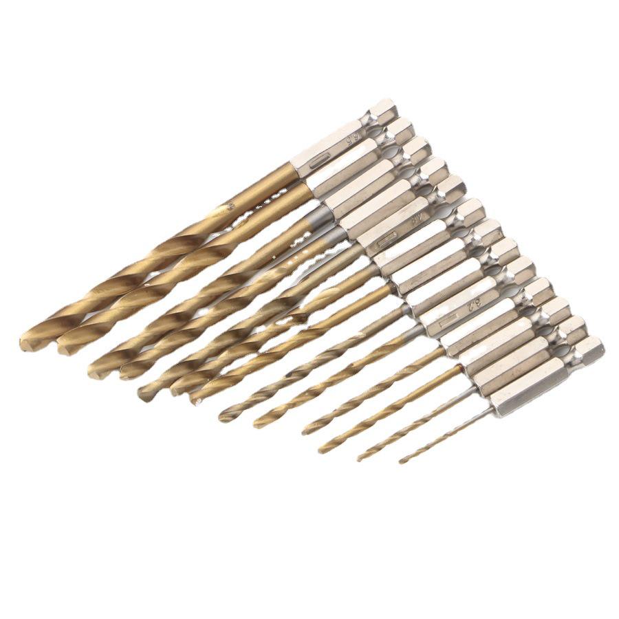 Titanium-Plated Hex Shank Drill Bit Set (13-Piece) for Electric or Pneumatic Screwdrivers, 6.35mm Shank